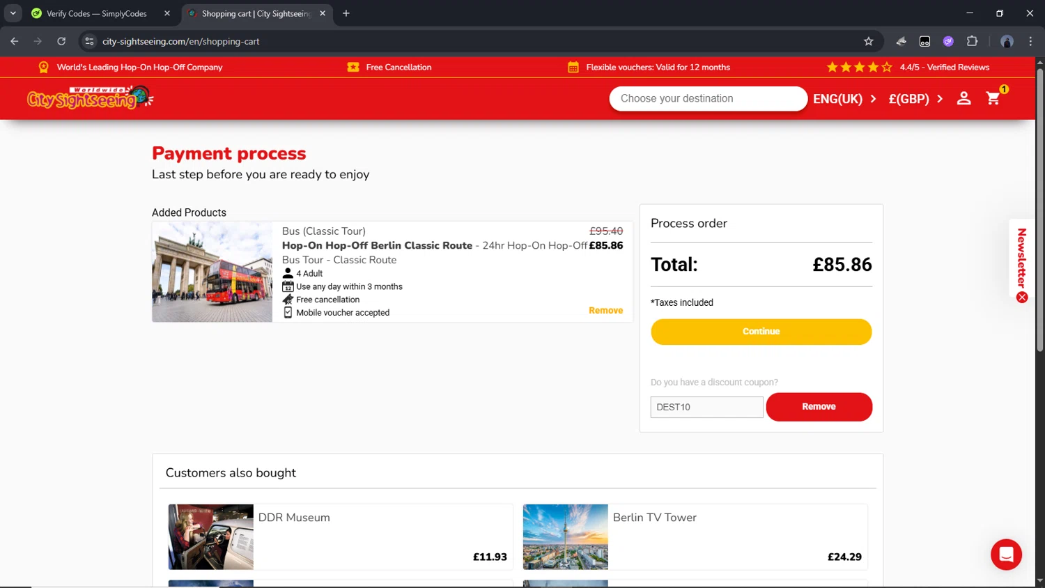 City Sightseeing checkout page showing City Sightseeing coupon code box | Screenshot taken by SimplyCodes community member on Aug 1, 2025
