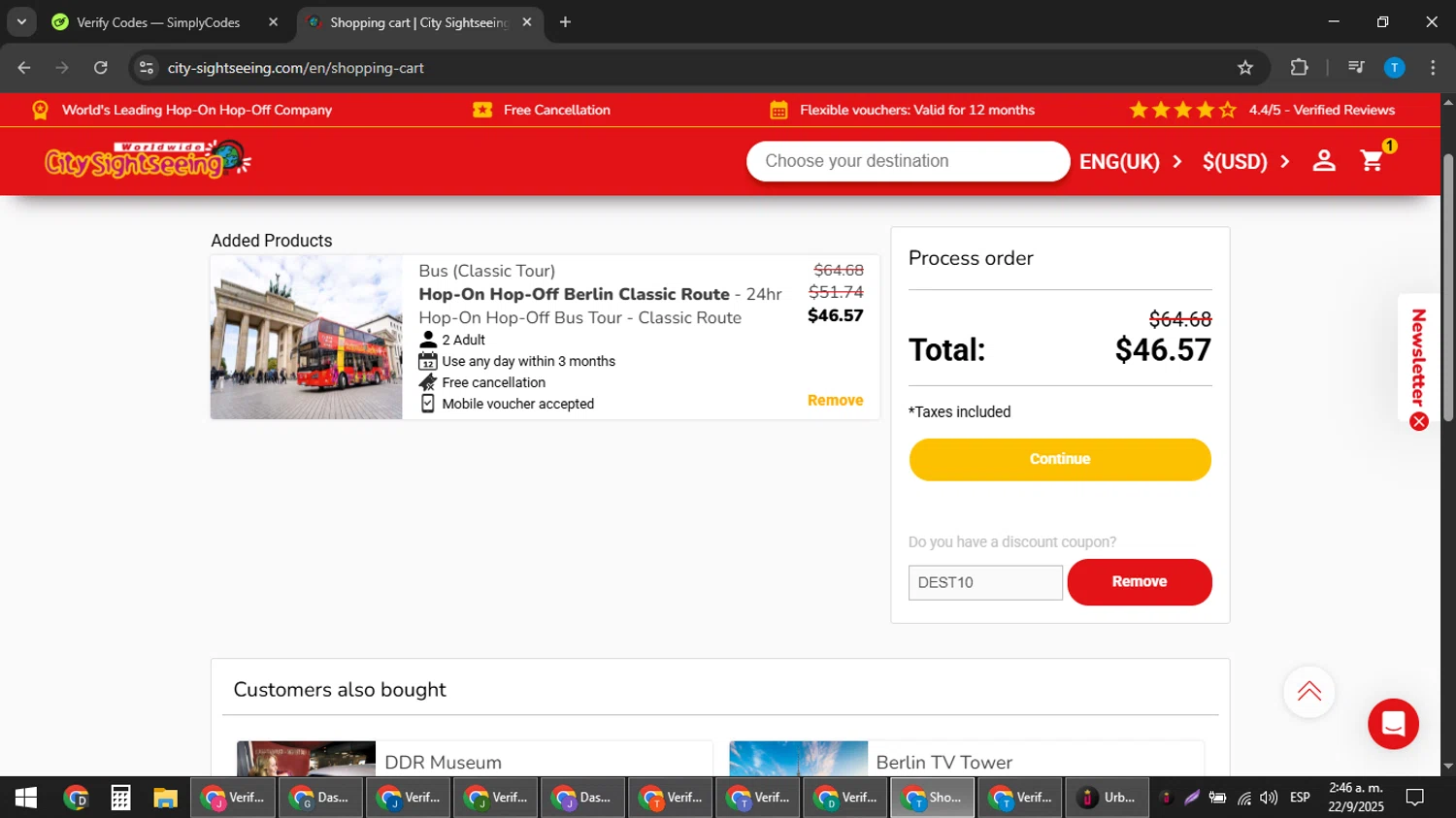 City Sightseeing coupon code screenshot showing code DEST10 applied at City Sightseeing checkout page. Uploaded by SimplyCodes community member hankt1521 on Sep 22, 2025