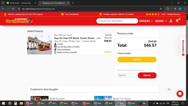 City Sightseeing checkout page showing City Sightseeing coupon code box | Screenshot taken by SimplyCodes community member on Sep 22, 2025