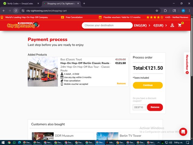 City Sightseeing checkout page showing City Sightseeing coupon code box | Screenshot taken by SimplyCodes community member on Jul 12, 2025