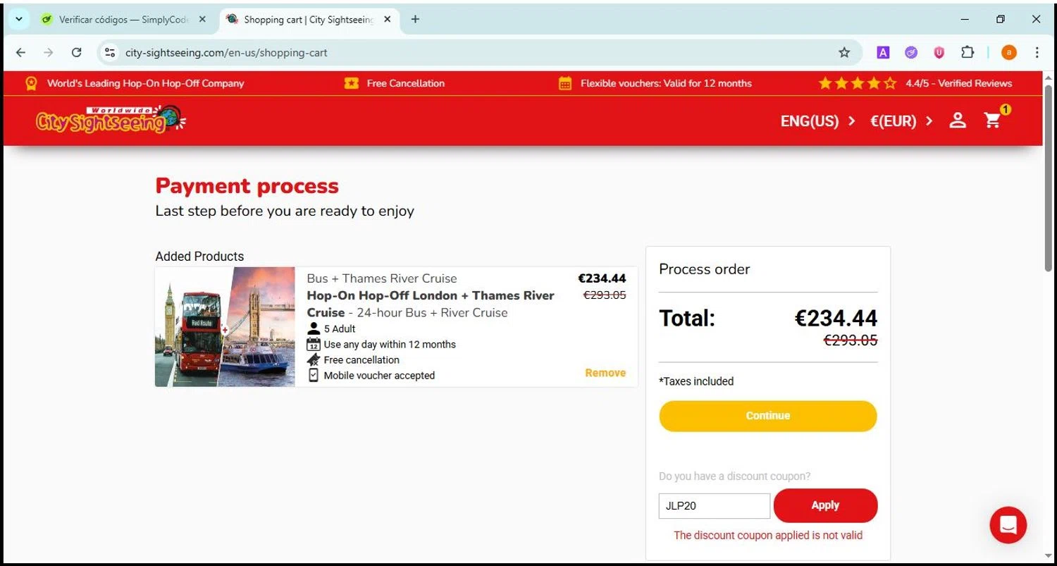 City Sightseeing coupon code screenshot showing code JLP20 applied at City Sightseeing checkout page. Uploaded by SimplyCodes community member David81 on Jun 22, 2025