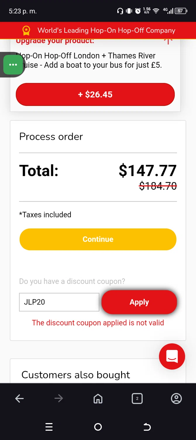 City Sightseeing coupon code screenshot showing code JLP20 applied at City Sightseeing checkout page. Uploaded by SimplyCodes community member Menotii23 on Jun 22, 2025