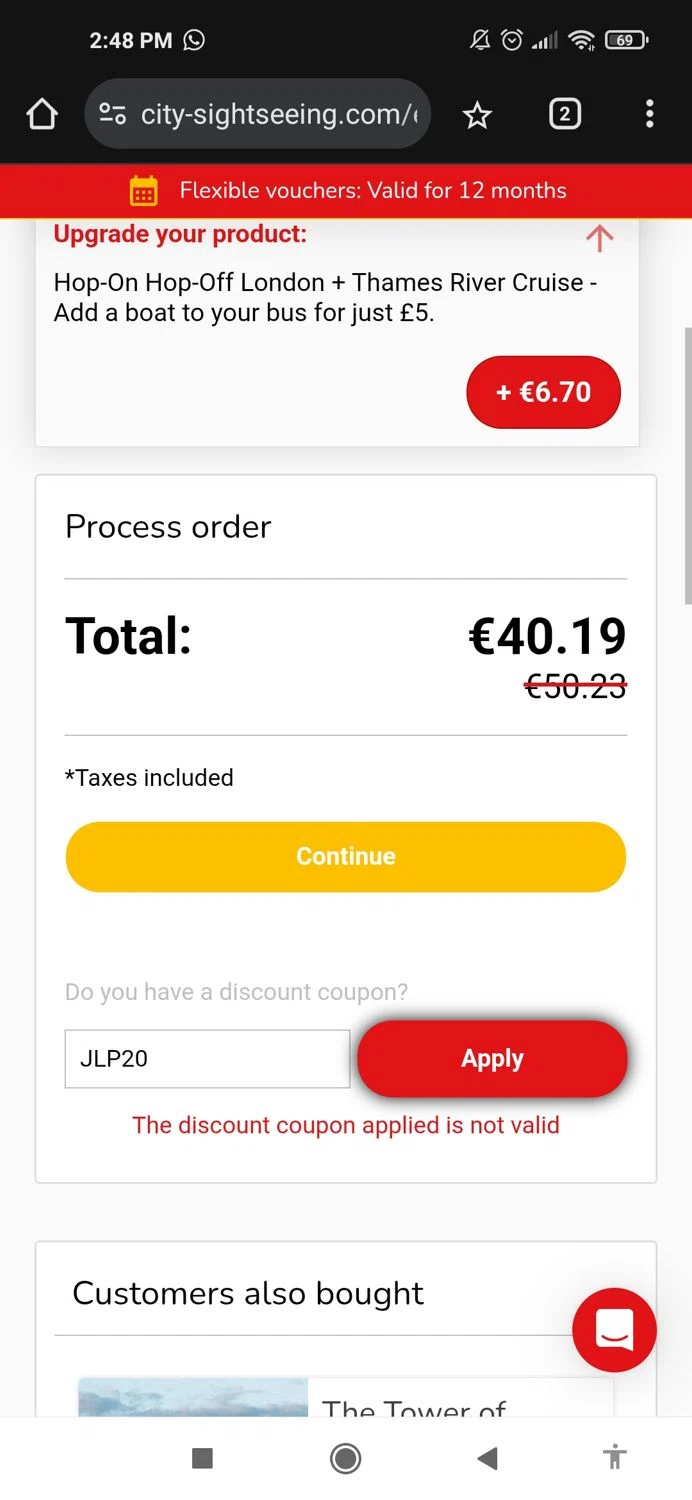 City Sightseeing coupon code screenshot showing code JLP20 applied at City Sightseeing checkout page. Uploaded by SimplyCodes community member Mujerdejunnior on Jun 22, 2025
