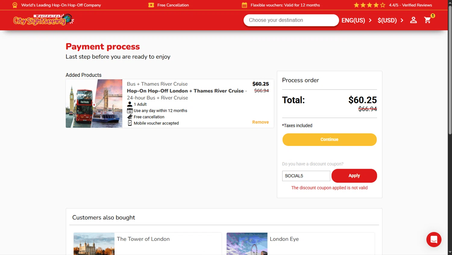 City Sightseeing coupon code screenshot showing code SOCIAL5 applied at City Sightseeing checkout page. Uploaded by SimplyCodes community member TokioMiller on Jun 23, 2025