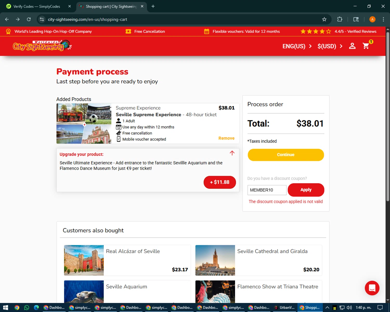 City Sightseeing coupon code screenshot showing code MEMBER10 applied at City Sightseeing checkout page. Uploaded by SimplyCodes community member MoneyPhoenix4664 on Aug 7, 2025