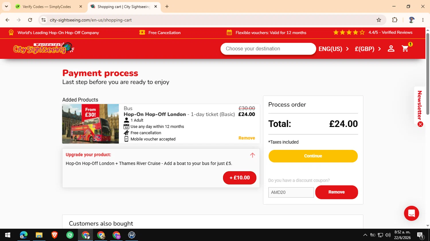 Verification screenshot for 20% Off Storewide at City Sightseeing - 6d ago