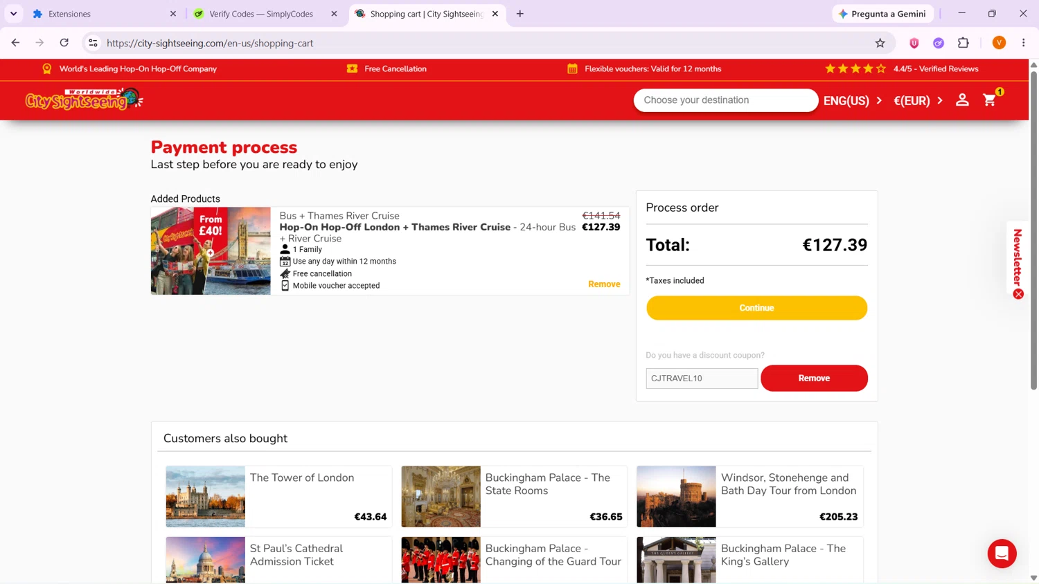 Verification screenshot for 10% Off Top Hopon Hopoff Destinations (Bus) at City Sightseeing - 12d ago