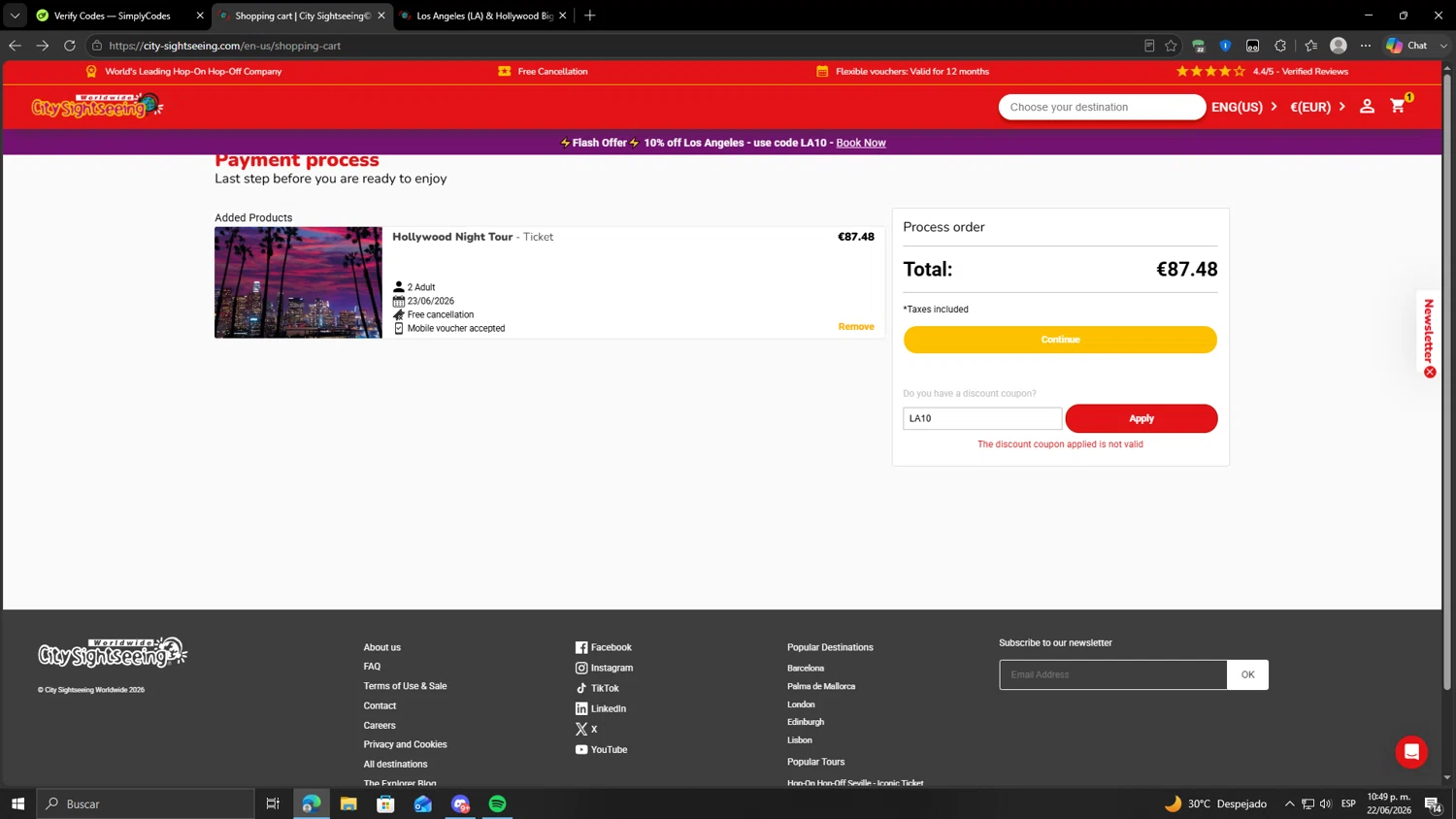 Verification screenshot for 10% Off Los Angeles at City Sightseeing - 6d ago