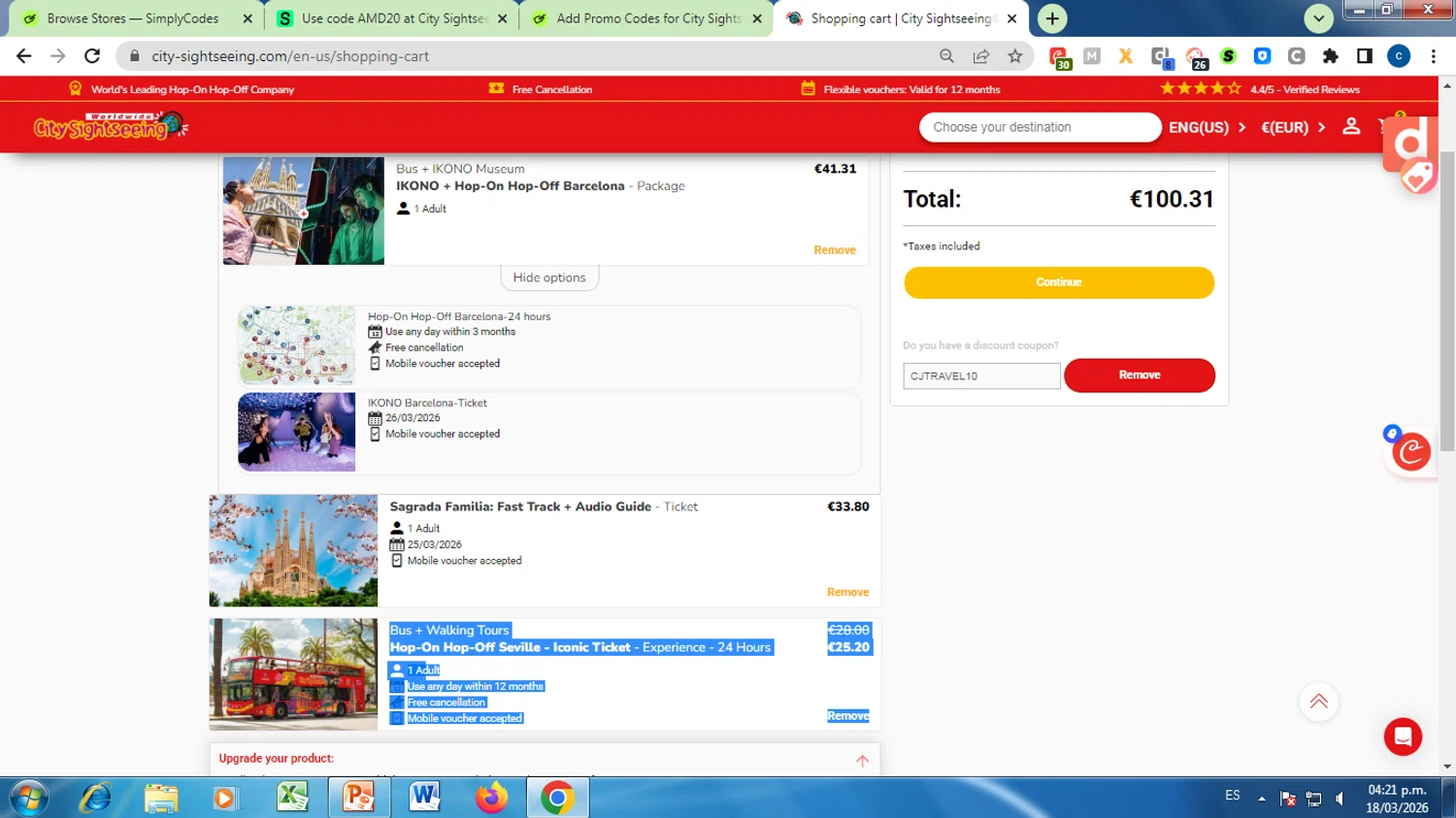Verification screenshot for 10% Off Top Hopon Hopoff Destinations (Bus) at City Sightseeing - 3mo ago