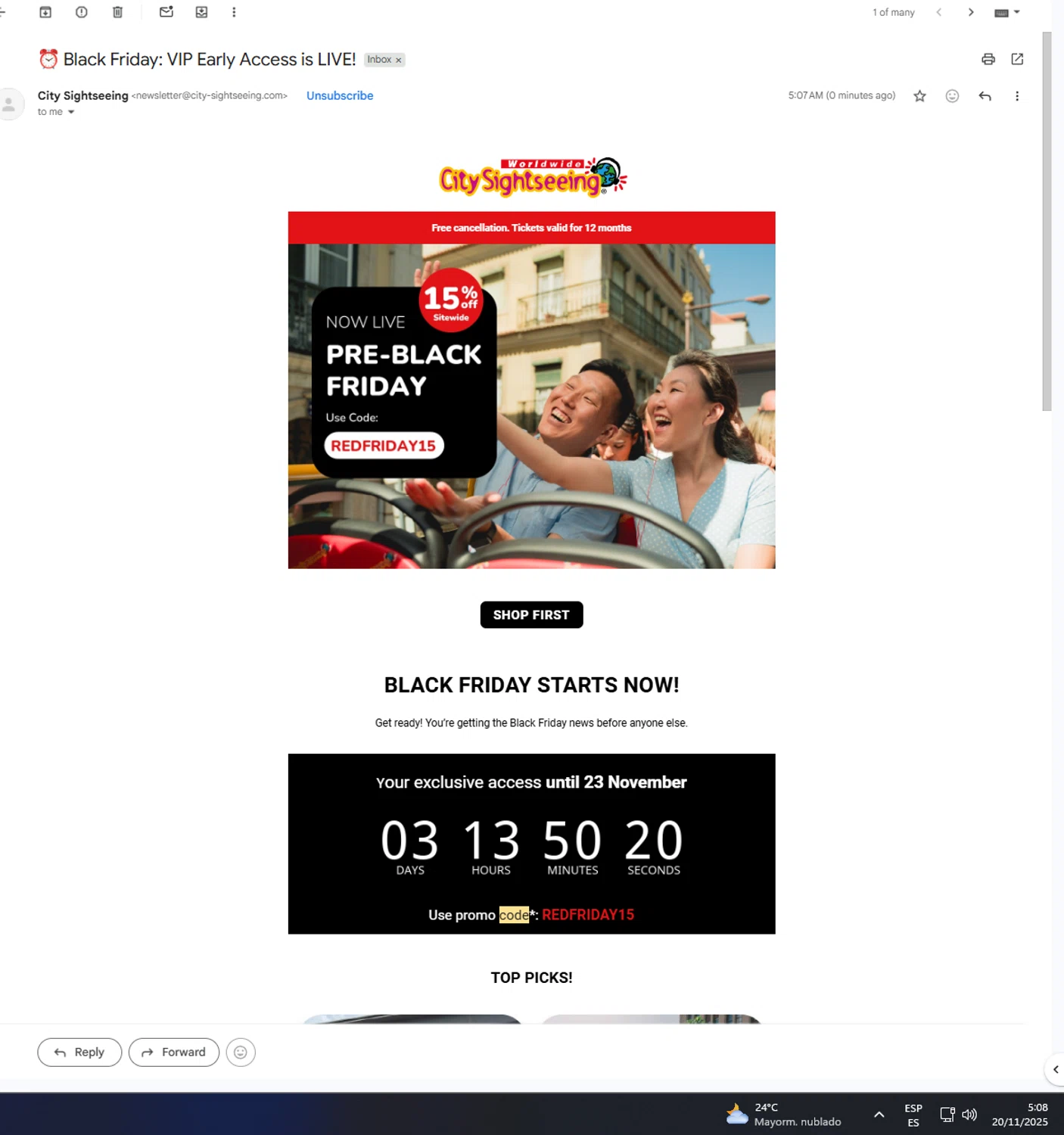 City Sightseeing coupon code screenshot showing code REDFRIDAY15 applied at City Sightseeing checkout page. Uploaded by SimplyCodes community member UnkNownVnzla on Nov 20, 2025