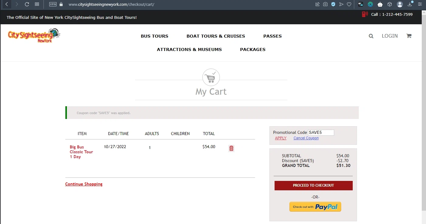 City Sightseeing New York checkout page showing City Sightseeing New York promo code box | Screenshot taken by SimplyCodes community member on Oct 24, 2022
