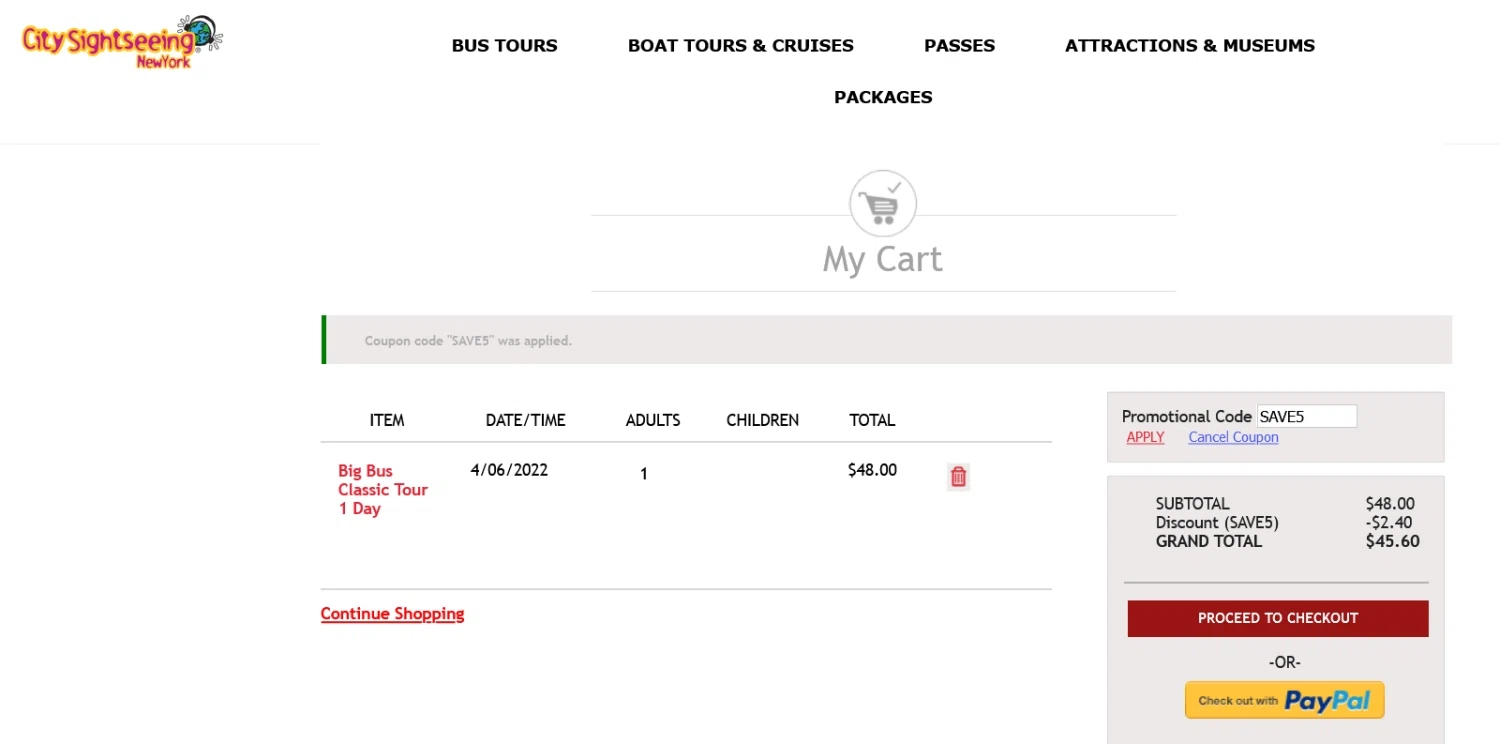 City Sightseeing New York checkout page showing City Sightseeing New York promo code box | Screenshot taken by SimplyCodes community member on Apr 6, 2022