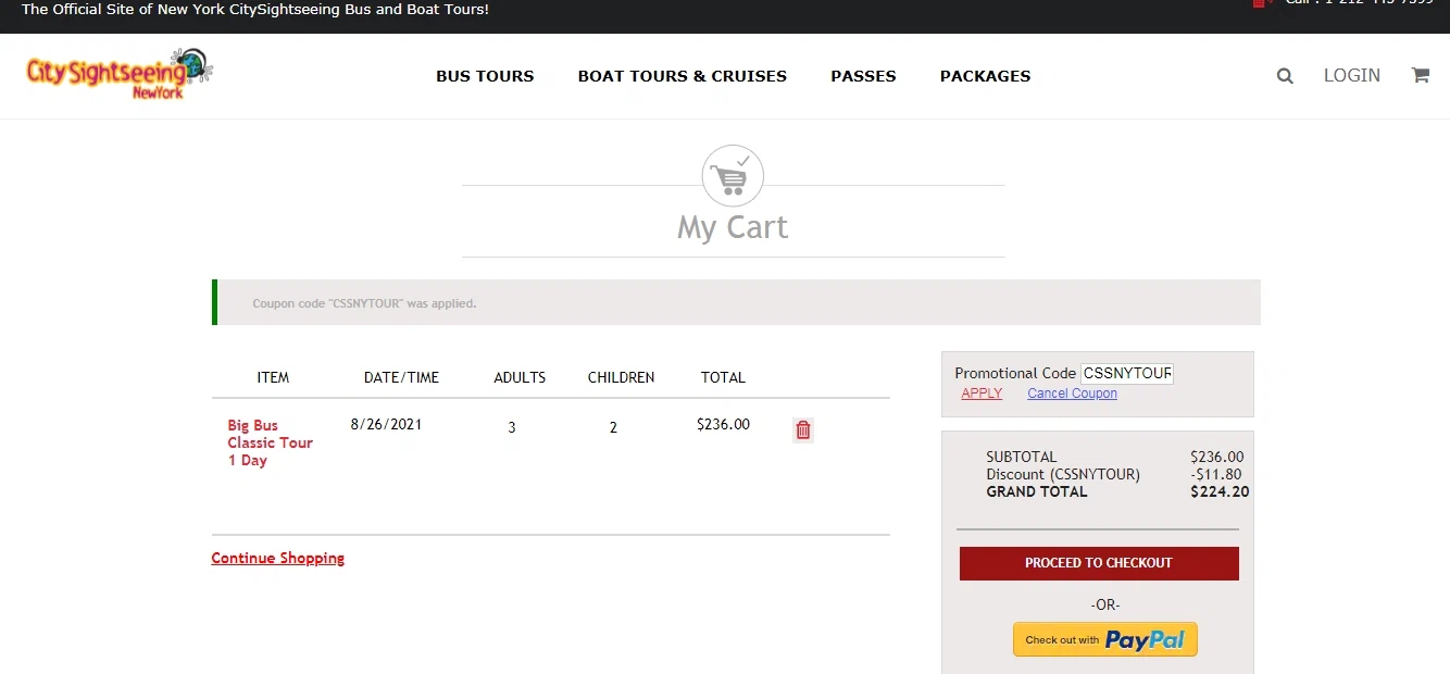 City Sightseeing New York checkout page showing City Sightseeing New York promo code box | Screenshot taken by SimplyCodes community member on Aug 14, 2021