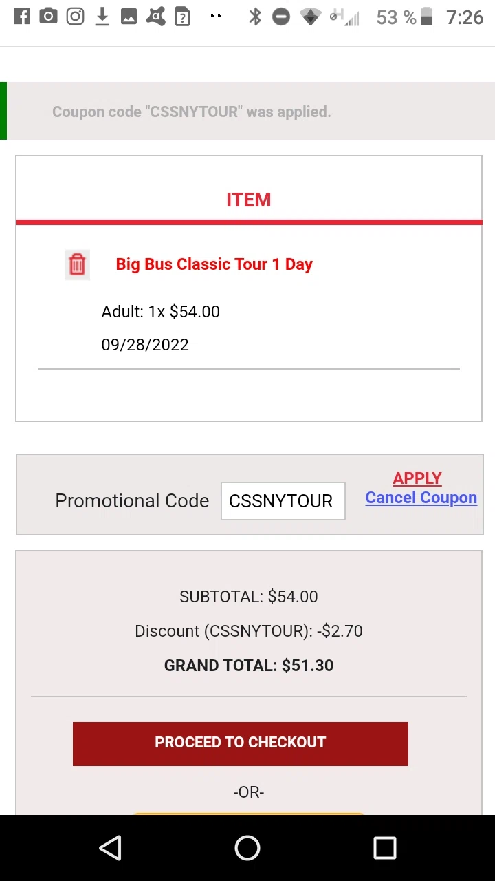 City Sightseeing New York checkout page showing City Sightseeing New York promo code box | Screenshot taken by SimplyCodes community member on Sep 26, 2022