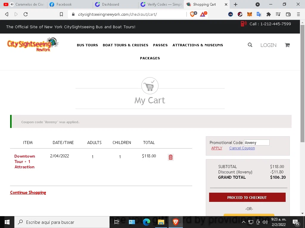 City Sightseeing New York checkout page showing City Sightseeing New York promo code box | Screenshot taken by SimplyCodes community member on Feb 2, 2022