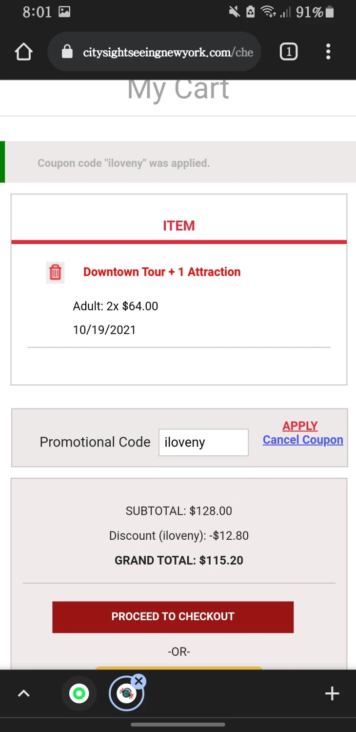 City Sightseeing New York checkout page showing City Sightseeing New York promo code box | Screenshot taken by SimplyCodes community member on Oct 10, 2021