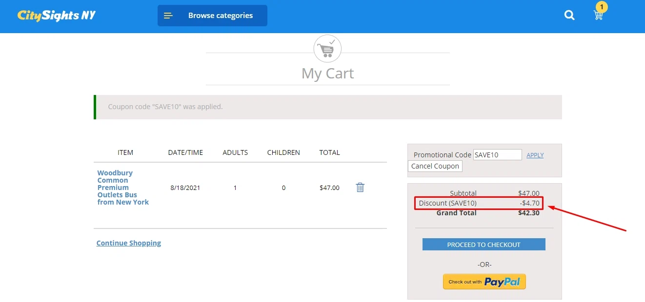 City Sightseeing New York checkout page showing City Sightseeing New York promo code box | Screenshot taken by SimplyCodes community member on Aug 12, 2021