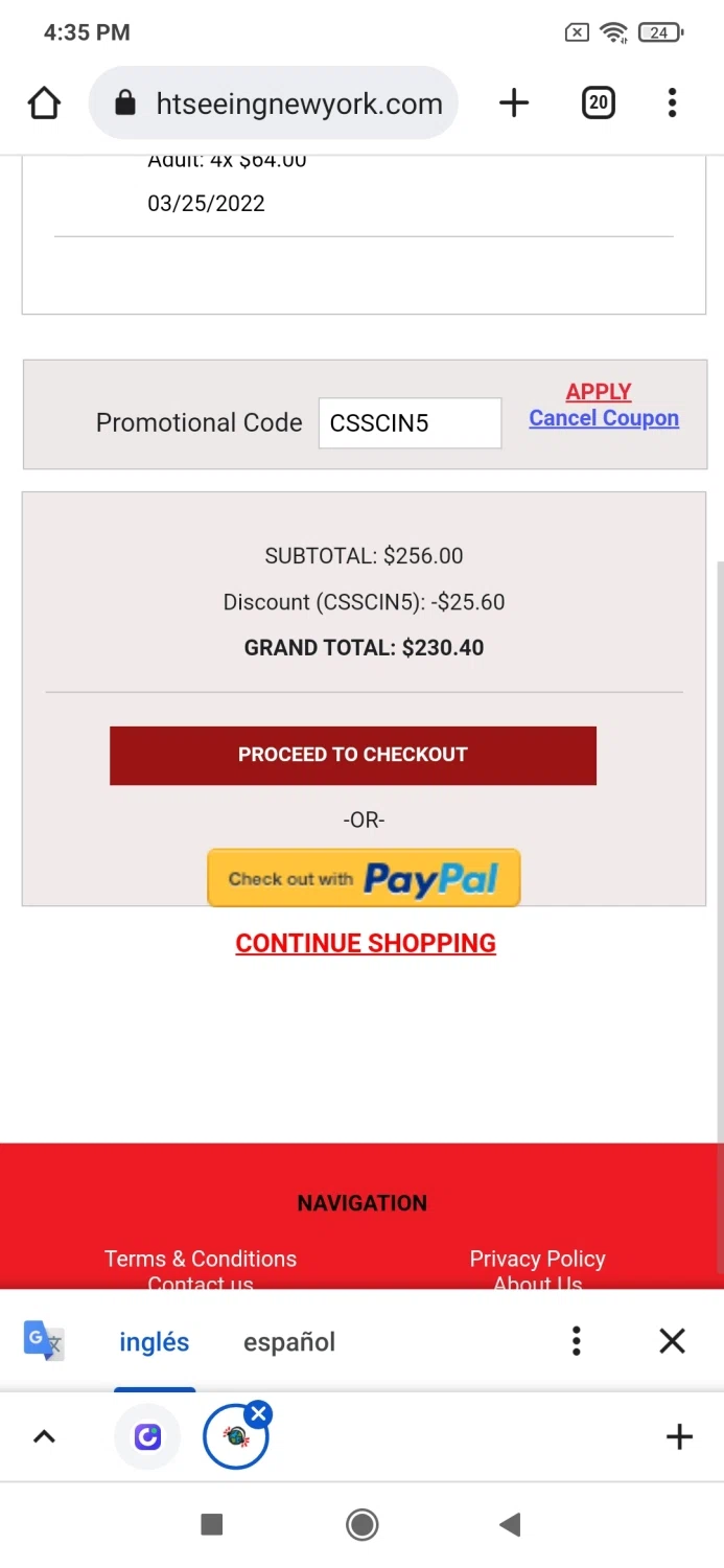 City Sightseeing New York checkout page showing City Sightseeing New York promo code box | Screenshot taken by SimplyCodes community member on Mar 10, 2022