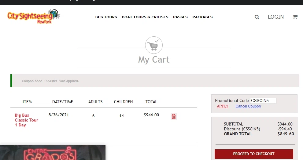 City Sightseeing New York checkout page showing City Sightseeing New York promo code box | Screenshot taken by SimplyCodes community member on Aug 14, 2021