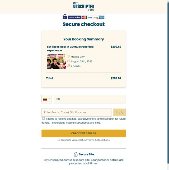 City Unscripted checkout page showing City Unscripted promo code box | Screenshot taken by SimplyCodes community member on Aug 7, 2025
