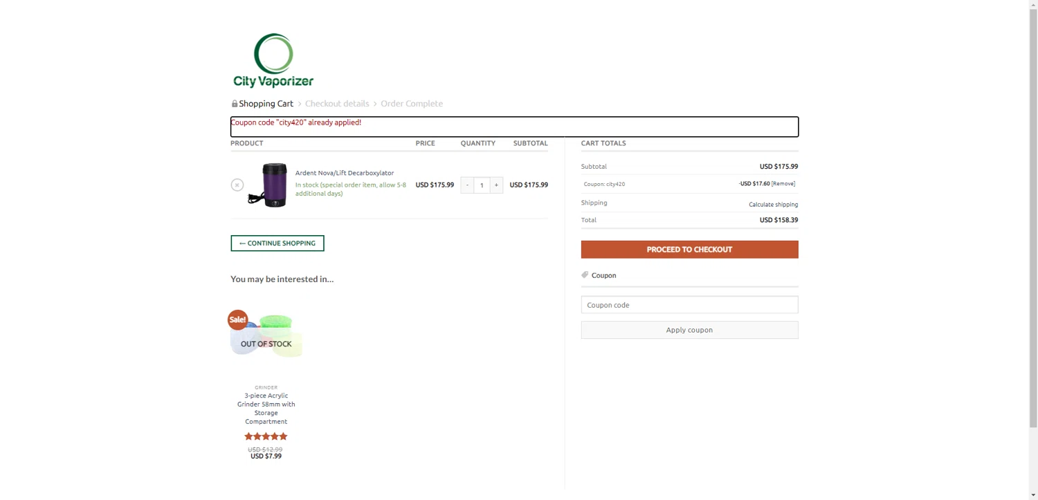 City Vaporizer promo code screenshot showing code CITY420 applied at City Vaporizer checkout page. Uploaded by SimplyCodes community member CrownWhiz8114 on Feb 12, 2026