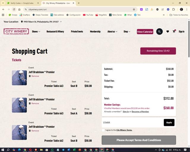 City Winery checkout page showing City Winery promo code box | Screenshot taken by SimplyCodes community member on Sep 5, 2025