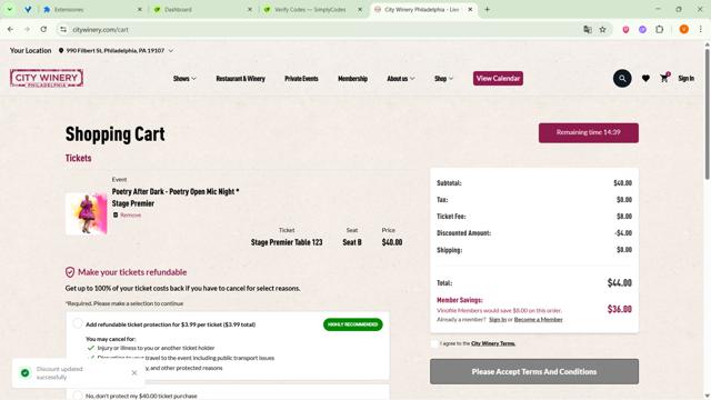 City Winery checkout page showing City Winery promo code box | Screenshot taken by SimplyCodes community member on Sep 11, 2025