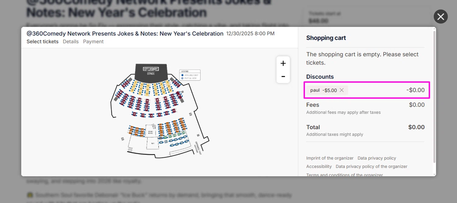 City Winery promo code screenshot showing code paul applied at City Winery checkout page. Uploaded by SimplyCodes community member mrdarcy on Dec 20, 2025