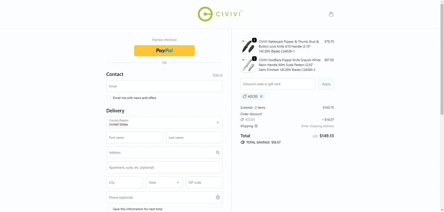 CIVIVI promo code screenshot showing code ADC8S applied at CIVIVI checkout page. Uploaded by SimplyCodes community member CrownGuardian9882 on Feb 20, 2026