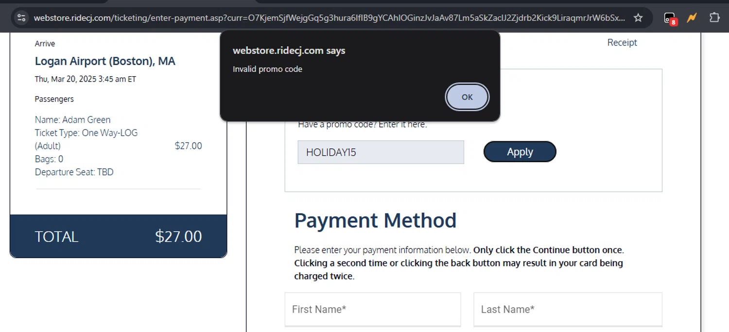 C&J Bus promo code screenshot showing code HOLIDAY15 applied at C&J Bus checkout page. Uploaded by SimplyCodes community member Trululu on Mar 19, 2025