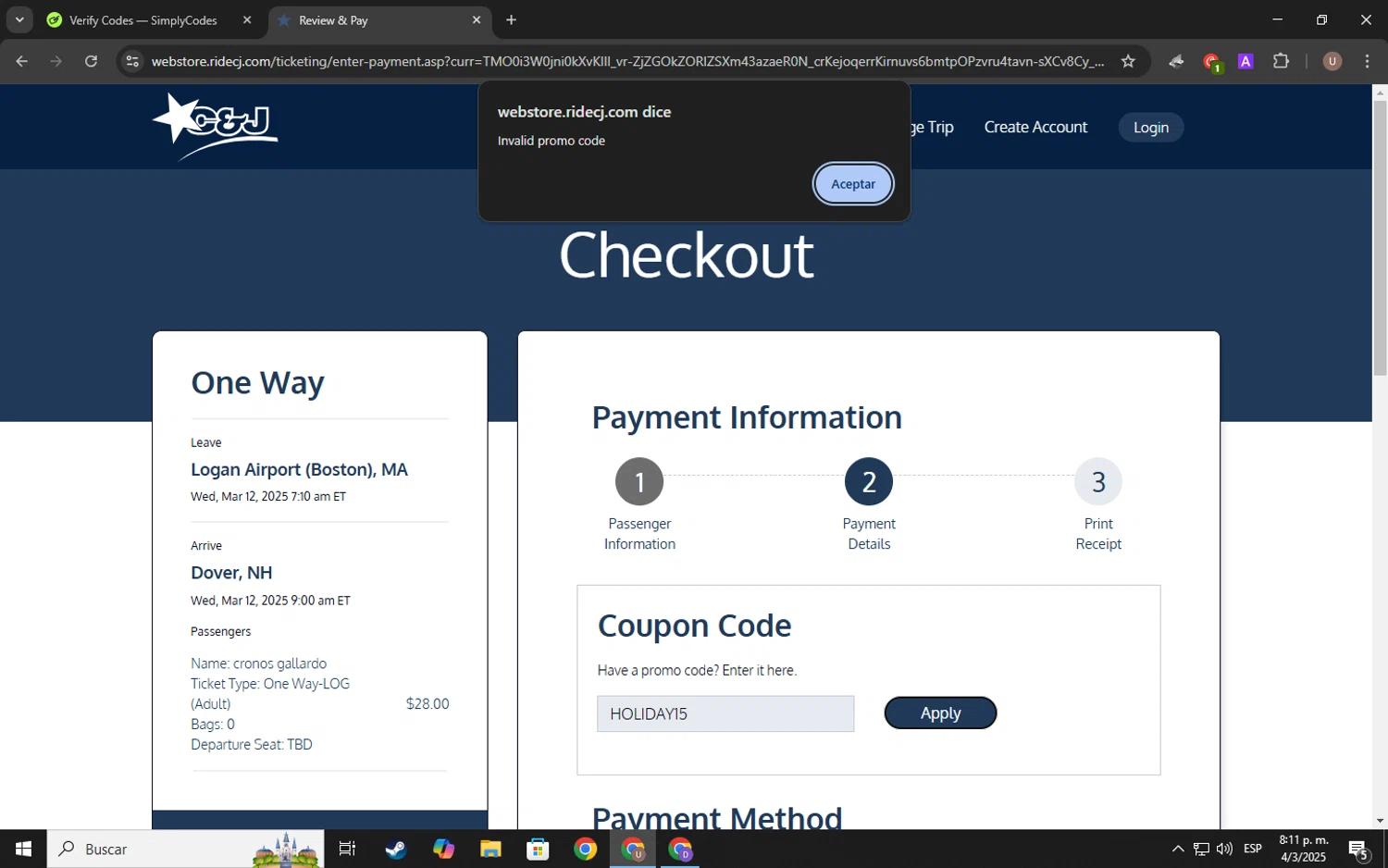 C&J Bus promo code screenshot showing code HOLIDAY15 applied at C&J Bus checkout page. Uploaded by SimplyCodes community member Kelvis_Vargas on Mar 5, 2025