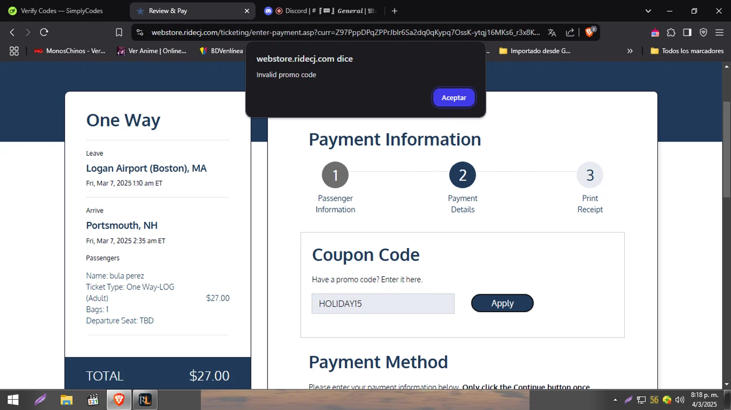 C&J Bus promo code screenshot showing code HOLIDAY15 applied at C&J Bus checkout page. Uploaded by SimplyCodes community member GloriousMaestro4930 on Mar 5, 2025