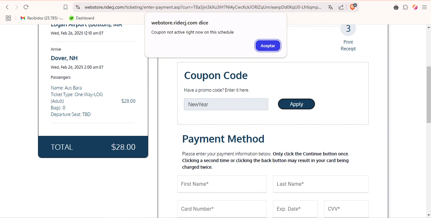 C&J Bus checkout page showing C&J Bus promo code box | Screenshot taken by SimplyCodes community member on Feb 20, 2025