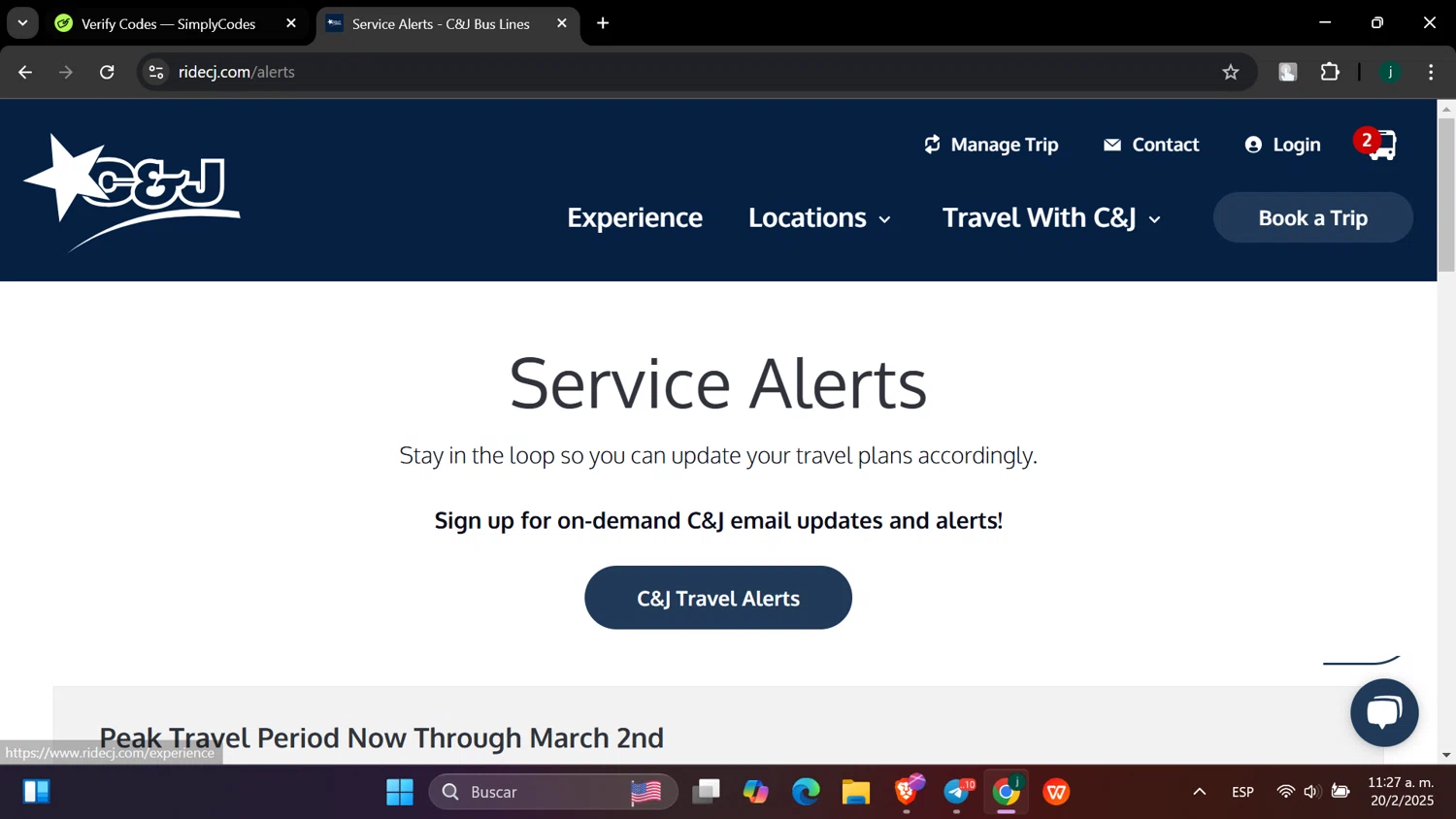 C&J Bus promo code screenshot showing code NewYear applied at C&J Bus checkout page. Uploaded by SimplyCodes community member hanzell03 on Feb 20, 2025