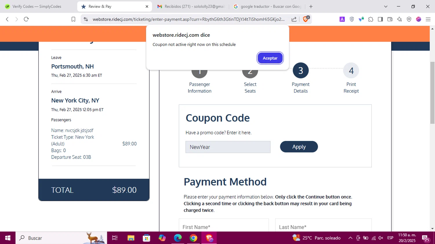 C&J Bus promo code screenshot showing code NewYear applied at C&J Bus checkout page. Uploaded by SimplyCodes community member Corleone on Feb 20, 2025
