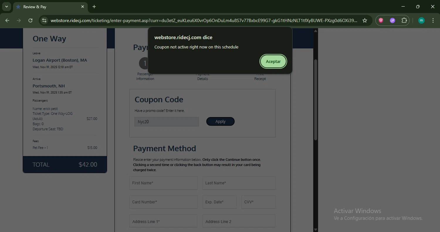 C&J Bus promo code screenshot showing code Nyc20 applied at C&J Bus checkout page. Uploaded by SimplyCodes community member CrownSpotter4262 on Nov 12, 2025