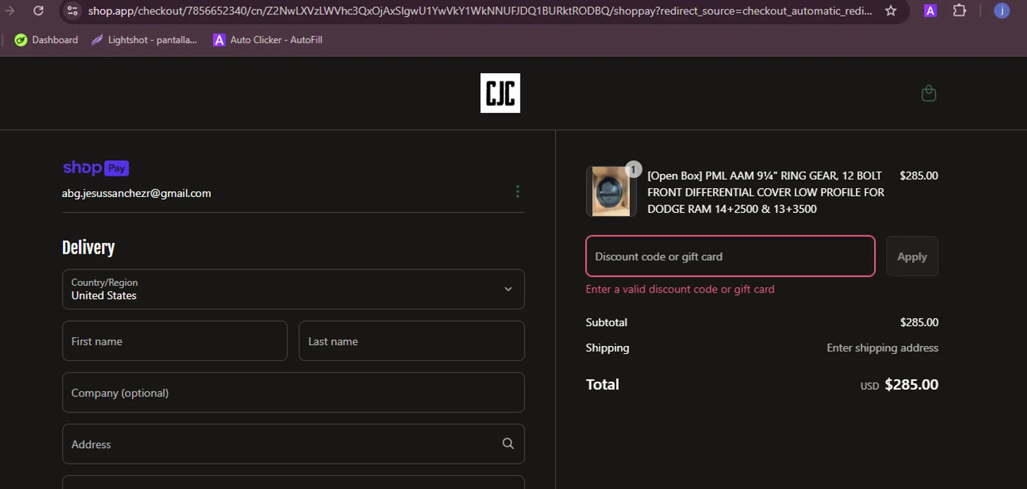 CJC Off Road discount code screenshot showing code OPENBOX applied at CJC Off Road checkout page. Uploaded by SimplyCodes community member RebateFalcon3172 on Jun 5, 2025