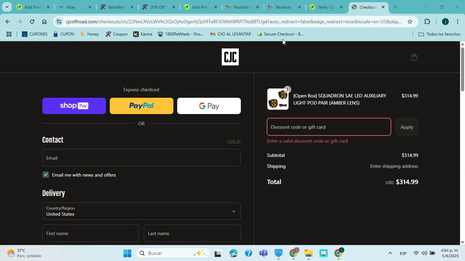 CJC Off Road discount code screenshot showing code OPENBOX applied at CJC Off Road checkout page. Uploaded by SimplyCodes community member jorgejavierherrera on Jun 5, 2025