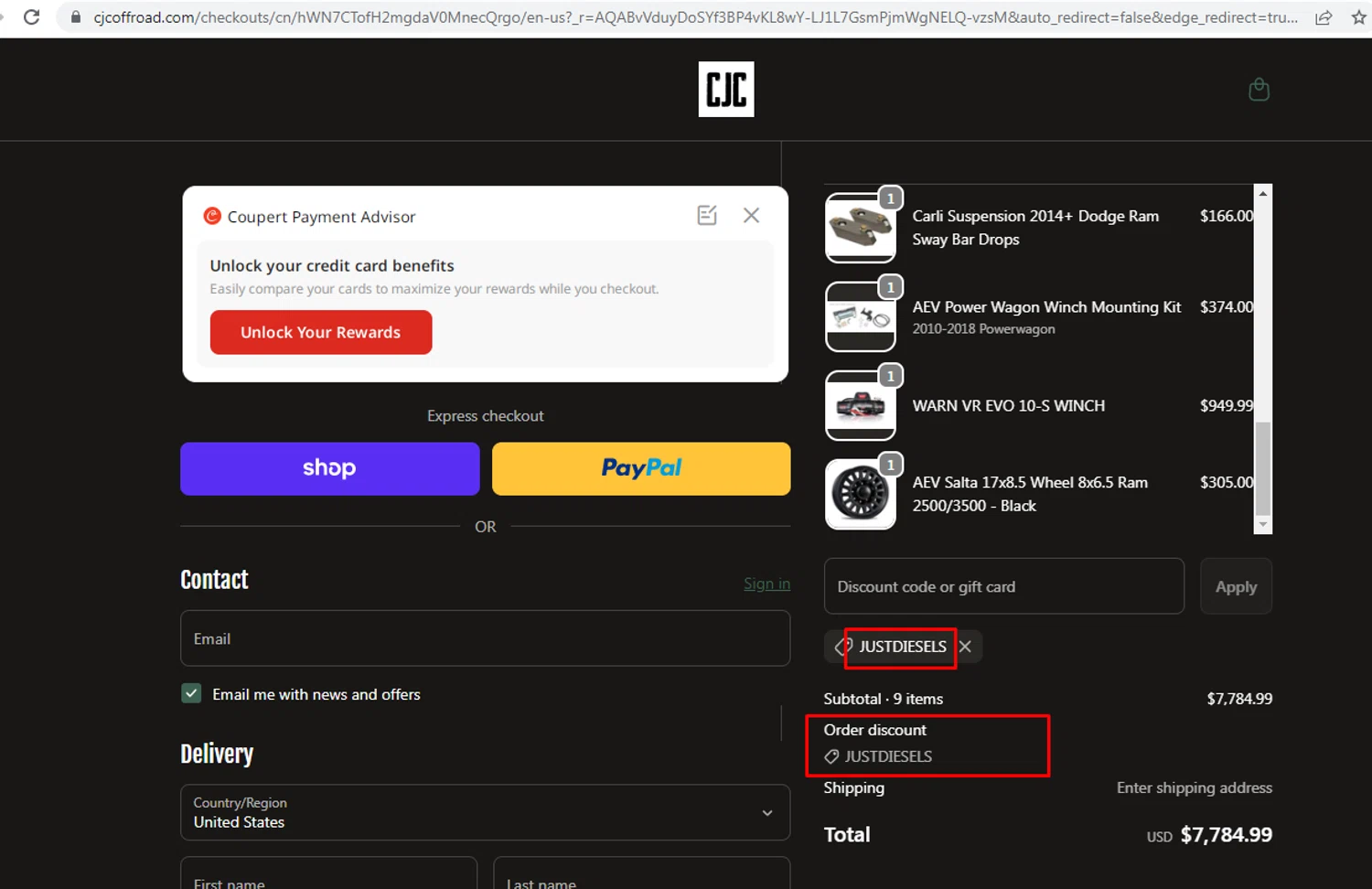 CJC Off Road discount code screenshot showing code justdiesels applied at CJC Off Road checkout page. Uploaded by SimplyCodes community member nileskamarcano on Jan 4, 2026