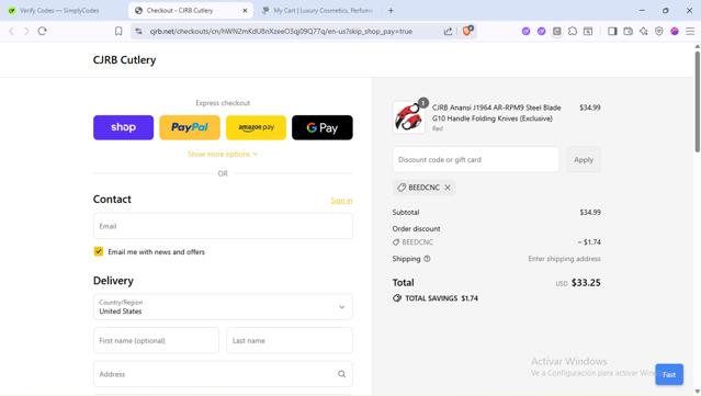 CJRB Cutlery checkout page showing CJRB Cutlery promo code box | Screenshot taken by SimplyCodes community member on Sep 9, 2025