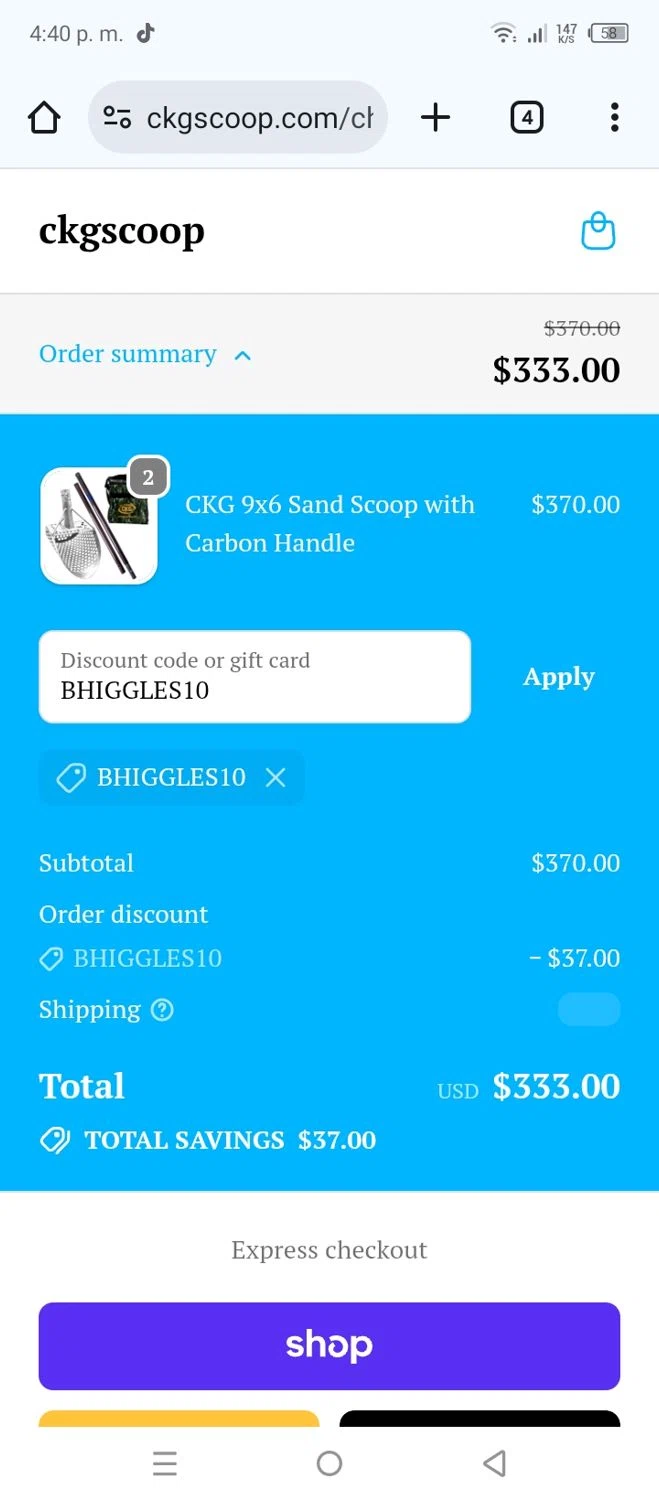 CKG Scoop promo code screenshot showing code BHIGGLES10 applied at CKG Scoop checkout page. Uploaded by SimplyCodes community member leninandrea on Oct 7, 2025