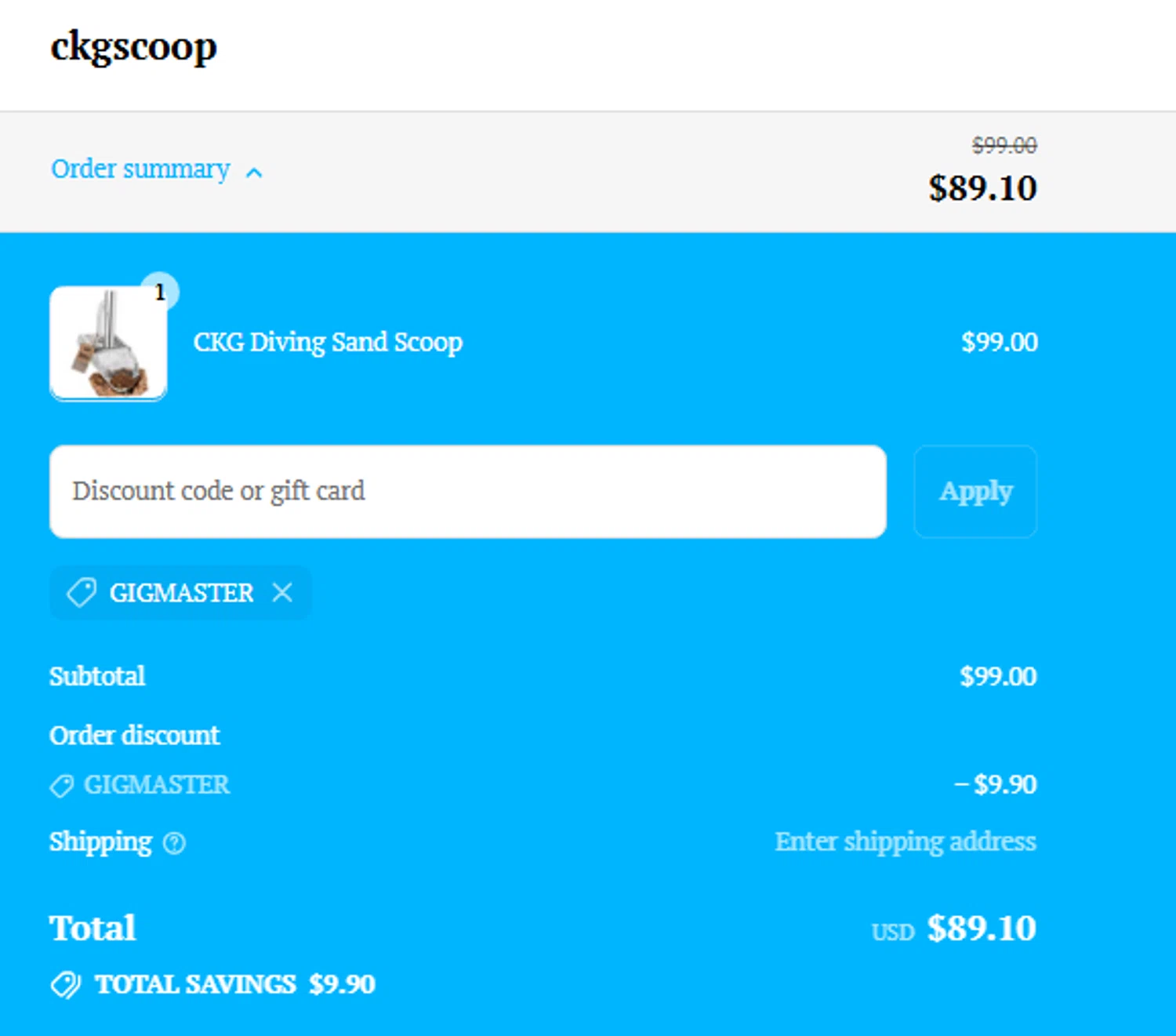 CKG Scoop promo code screenshot showing code GIGMASTER applied at CKG Scoop checkout page. Uploaded by SimplyCodes community member pinkman on Jul 19, 2025