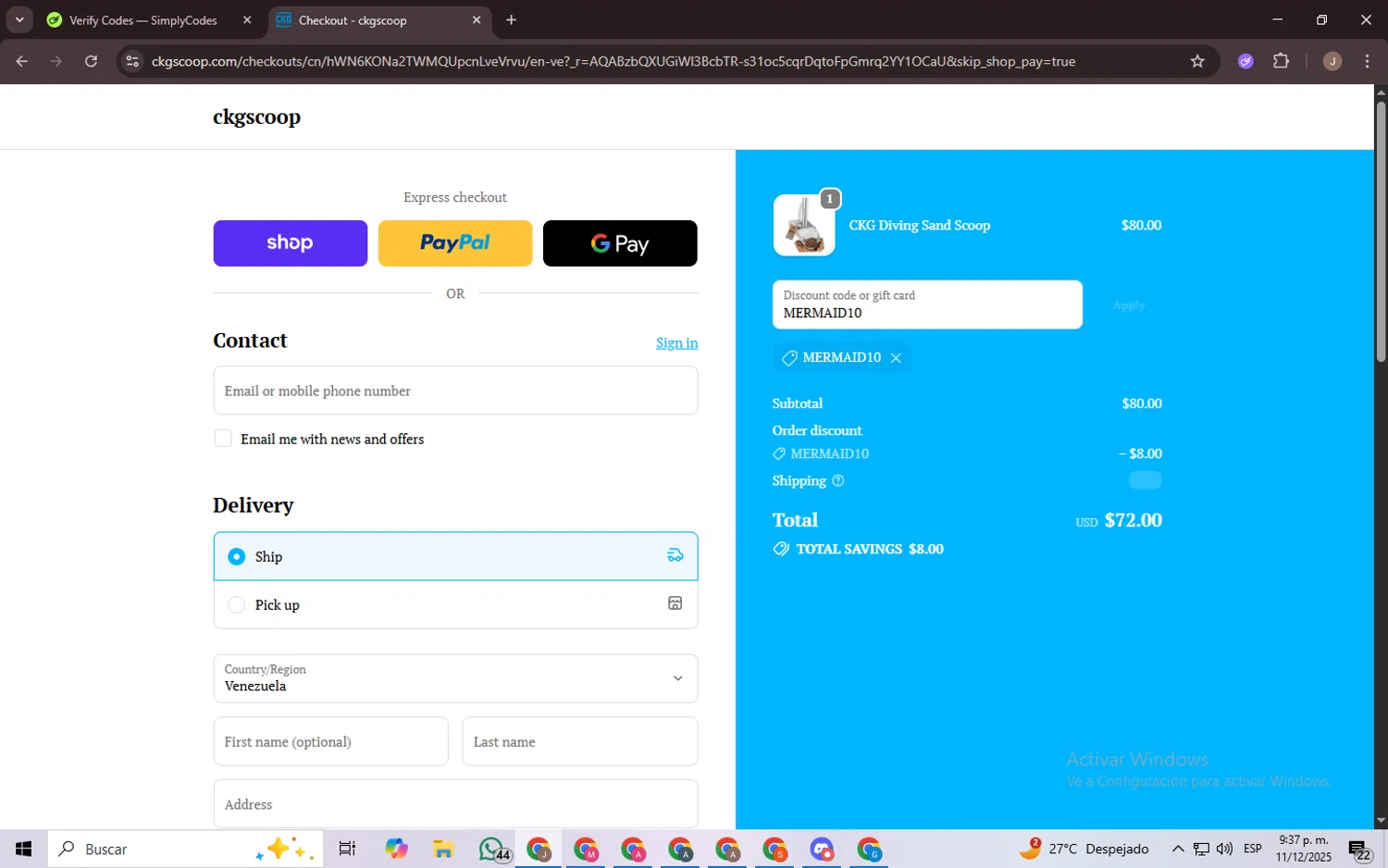 CKG Scoop promo code screenshot showing code MERMAID10 applied at CKG Scoop checkout page. Uploaded by SimplyCodes community member CrownChaser949 on Dec 12, 2025