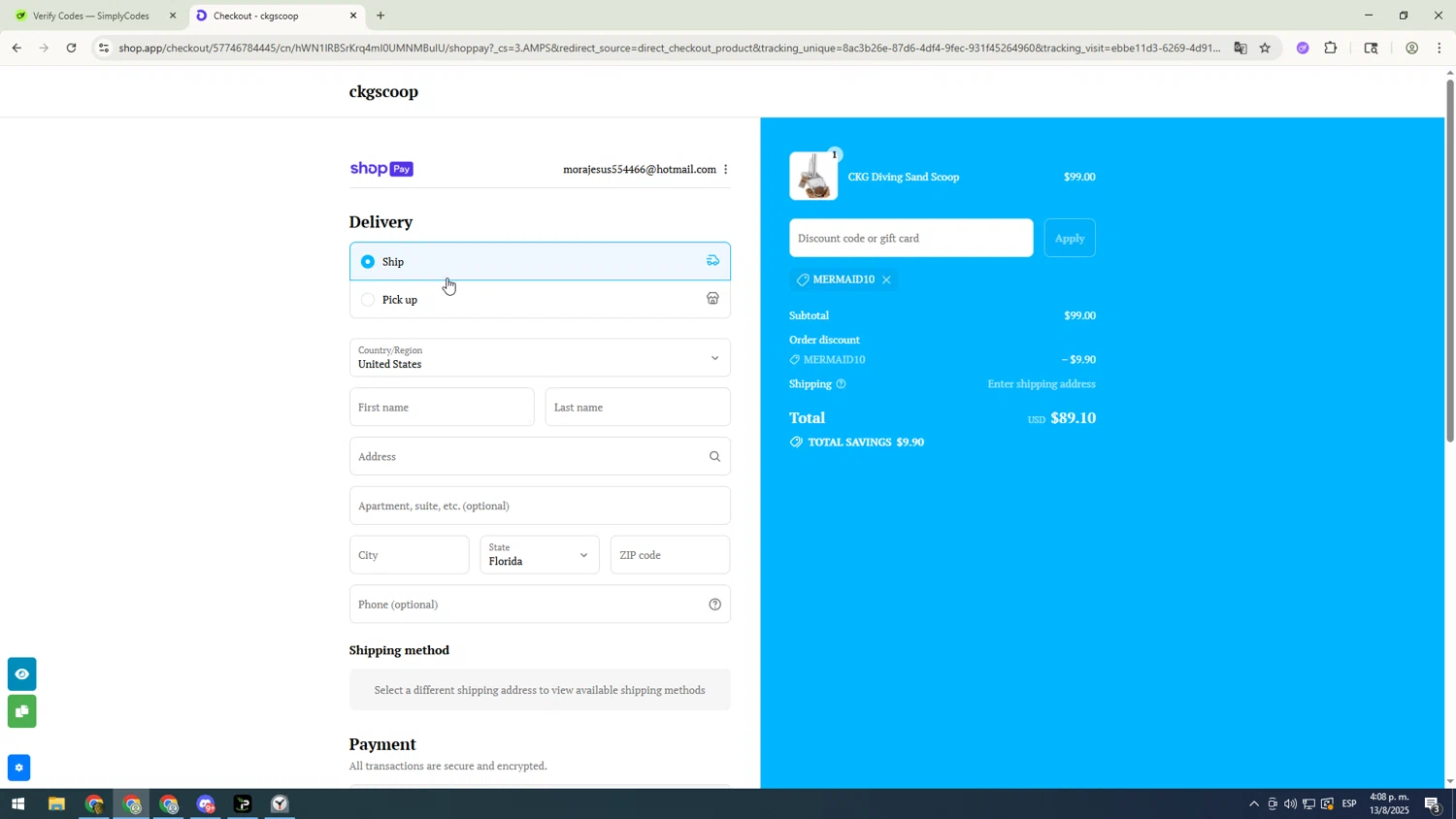 CKG Scoop promo code screenshot showing code MERMAID10 applied at CKG Scoop checkout page. Uploaded by SimplyCodes community member sfdfgdsfgdfgdfg on Aug 13, 2025