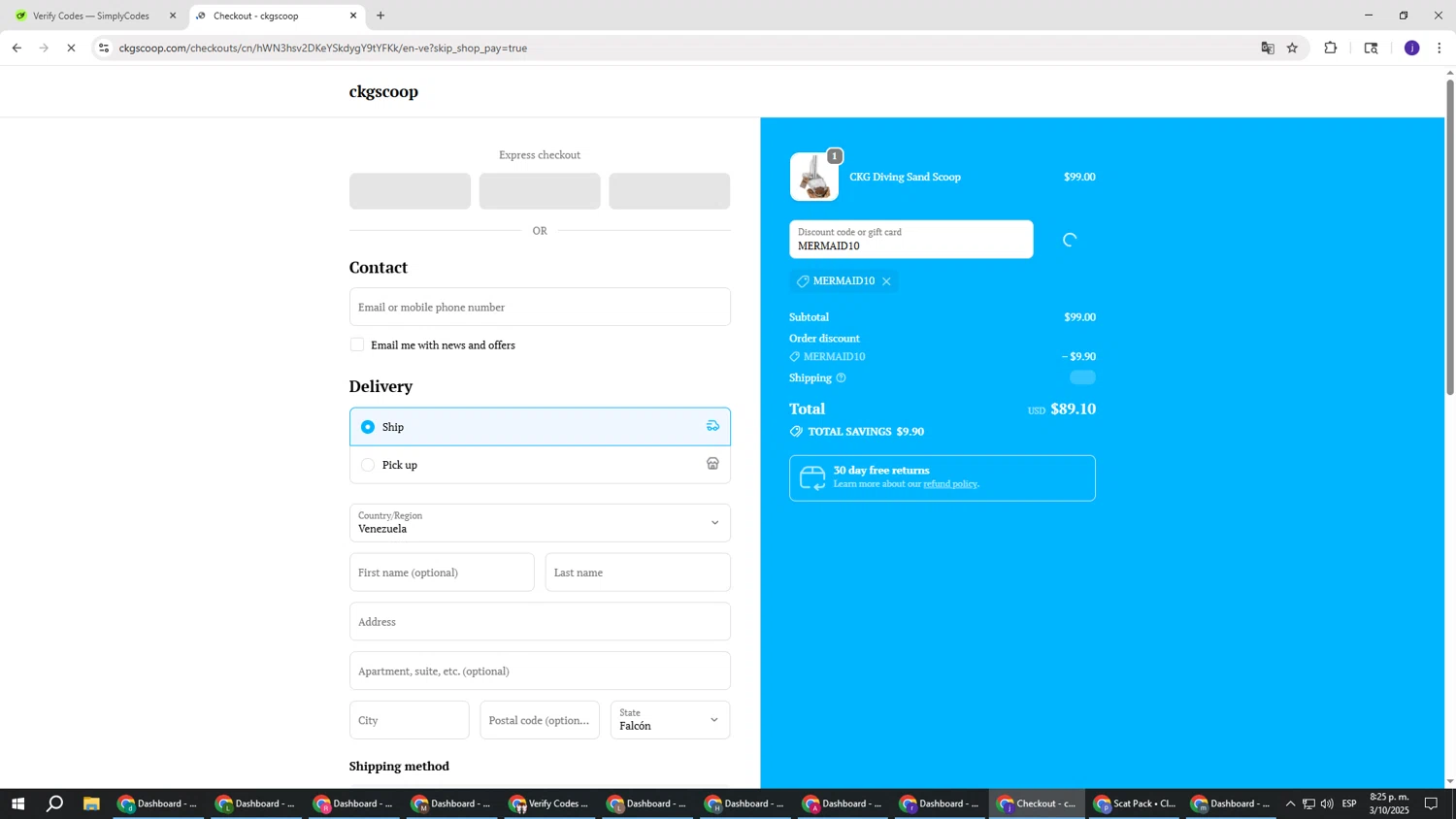 CKG Scoop promo code screenshot showing code MERMAID10 applied at CKG Scoop checkout page. Uploaded by SimplyCodes community member simplycodesssss on Oct 4, 2025