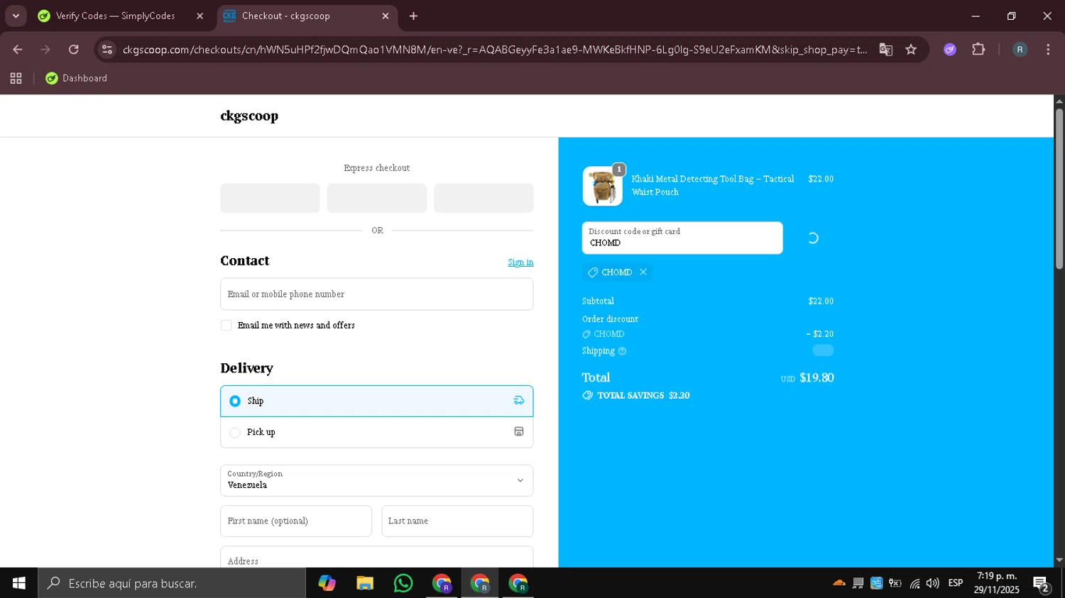 CKG Scoop promo code screenshot showing code CHOMD applied at CKG Scoop checkout page. Uploaded by SimplyCodes community member DealHawk3765 on Nov 30, 2025