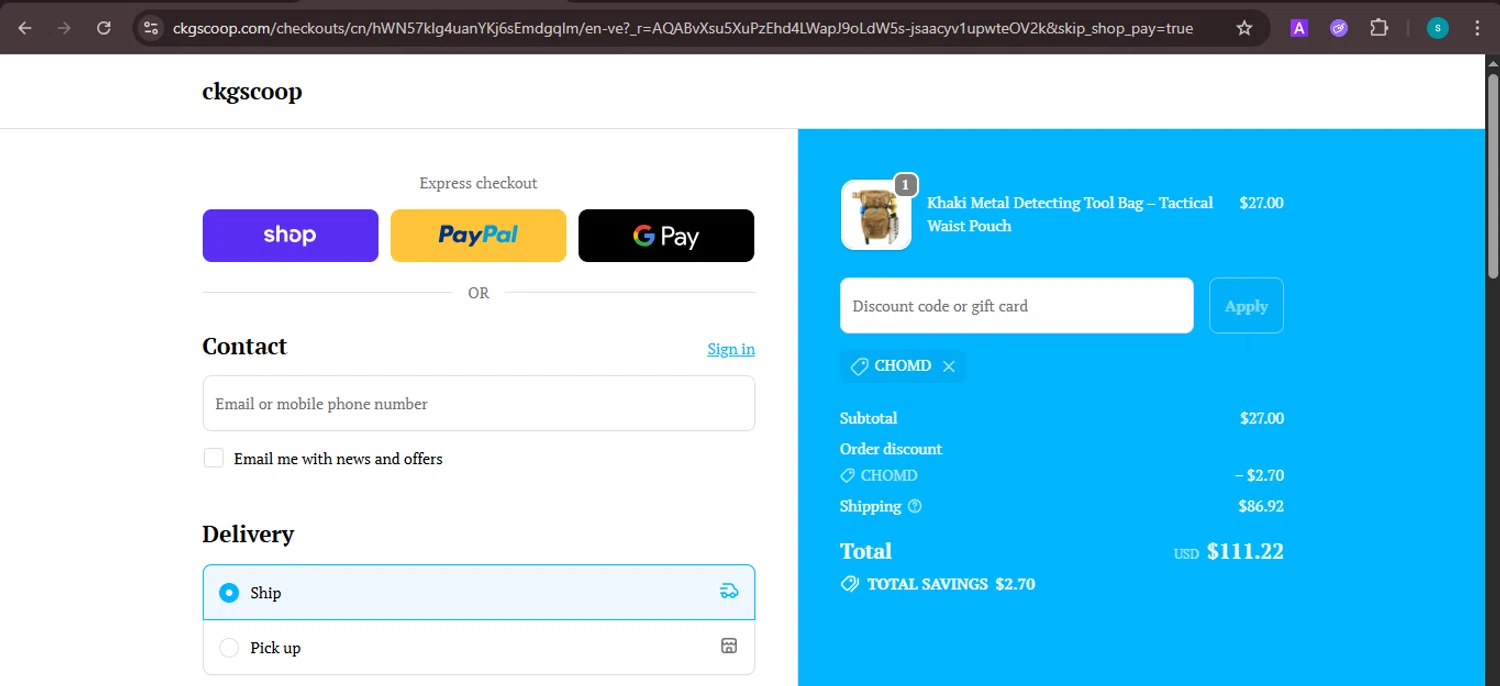CKG Scoop promo code screenshot showing code CHOMD applied at CKG Scoop checkout page. Uploaded by SimplyCodes community member ValiantChaser7723 on Nov 10, 2025