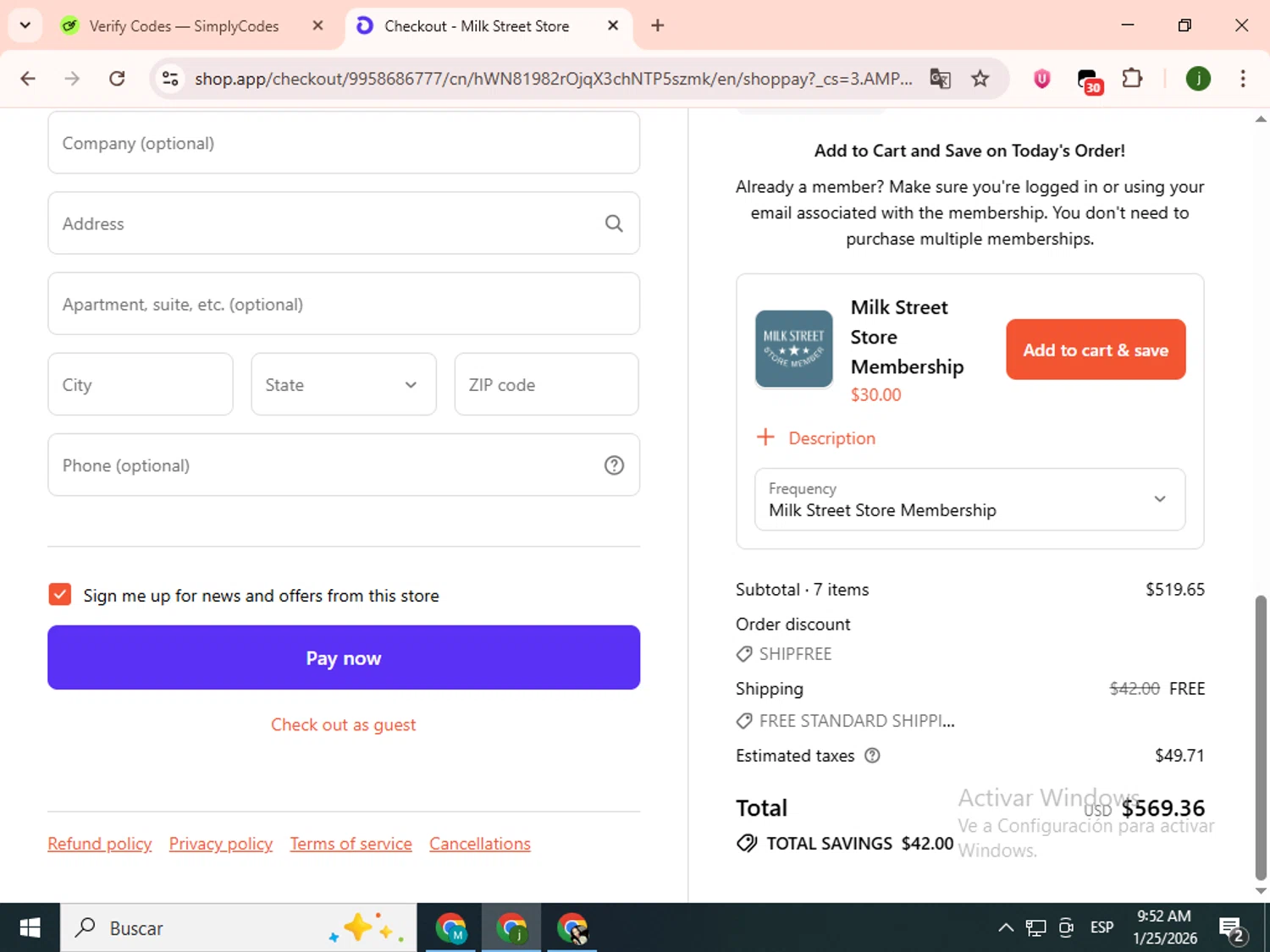 Christopher Kimball's Milk Street promo code screenshot showing code SHIPFREE applied at Christopher Kimball's Milk Street checkout page. Uploaded by SimplyCodes community member SavingsCollector2592 on Jan 25, 2026