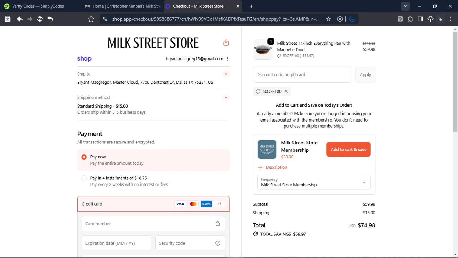 Christopher Kimball's Milk Street promo code screenshot showing code 50OFF100 applied at Christopher Kimball's Milk Street checkout page. Uploaded by SimplyCodes community member BrilliantTitan6909 on Feb 24, 2026