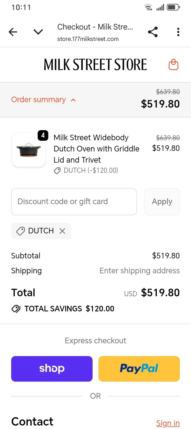 Christopher Kimball's Milk Street promo code screenshot showing code DUTCH applied at Christopher Kimball's Milk Street checkout page. Uploaded by SimplyCodes community member franksanchez on Feb 7, 2026